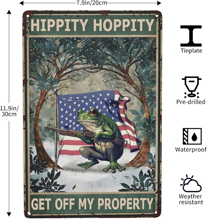 Vintage Metal Frog Door Sign - American Flag Design - Funny & Retro Room Decor - 8x12 Inch Tin Plate - for Garden, Home & Bedroom - 'Hippity Hoppity, Get Off My Property' No Trespassing Banner