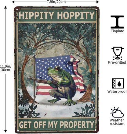 Vintage Metal Frog Door Sign - American Flag Design - Funny & Retro Room Decor - 8x12 Inch Tin Plate - for Garden, Home & Bedroom - 'Hippity Hoppity, Get Off My Property' No Trespassing Banner
