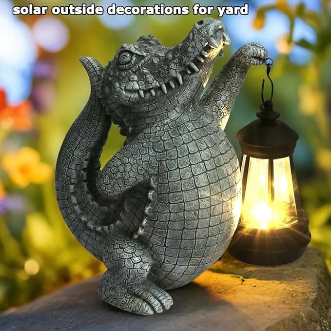 Alligator Solar Garden Decor Outdoor Statue, Crocodile Solar Garden Statues Yard Decorations with Lamp for Outdoor Decor, Unique Yard Art Lawn Sculpture Ornament for Front Porch Patio