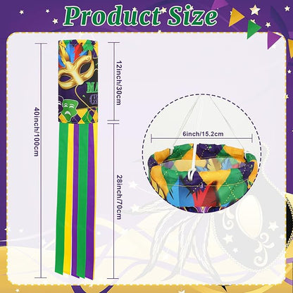 NOVWANG 2 Pieces Mardi Gras Wind Sock, 40 Inch Wind Socks Mardi Gras Outdoor Decorations Purple Green Yellow Holiday Windsock Flags for Yard Garden Home Party Hanging Decor