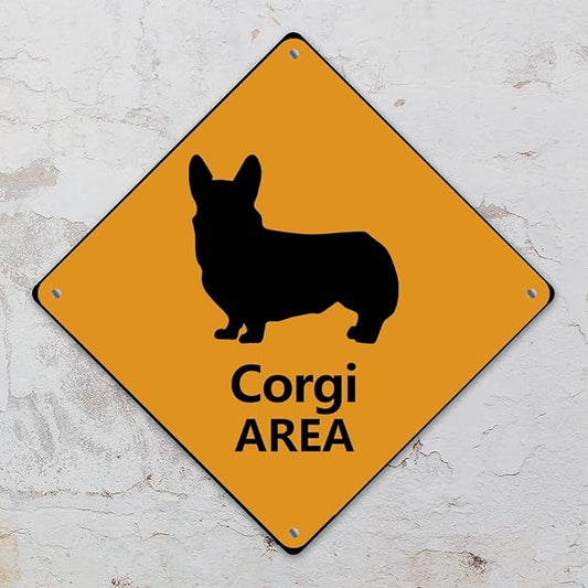 Warning Corgi Area Metal Tin Sign Corgi Dog Caution Crossing Xing Street Sign Yellow Diamond Shape Funny Metal Sign For Indoor Outdoor Highway12x12in