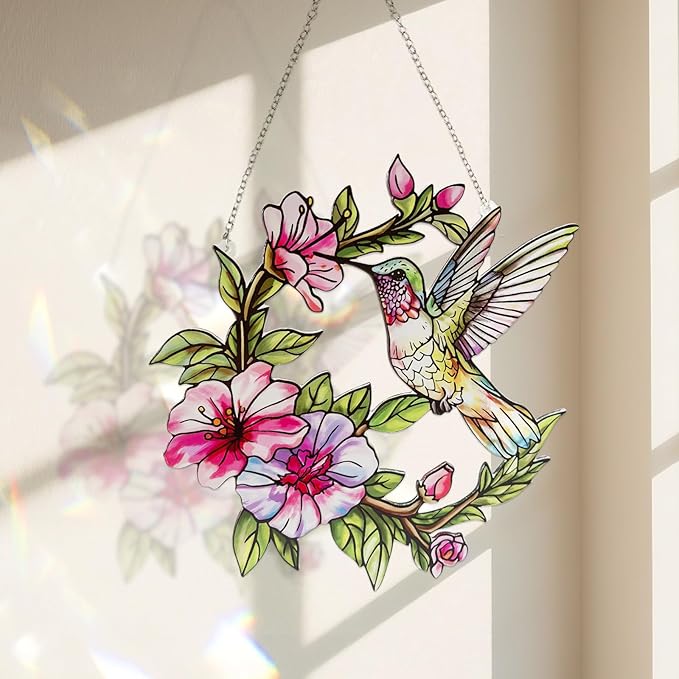Stained Glass Window Hanging Hummingbird and Flower Suncatcher, Marzovitra 10 Inch Colorful Window Art Bird Sun Catcher for Home Decor, Garden, Patio, Gift for Nature and Bird Lovers