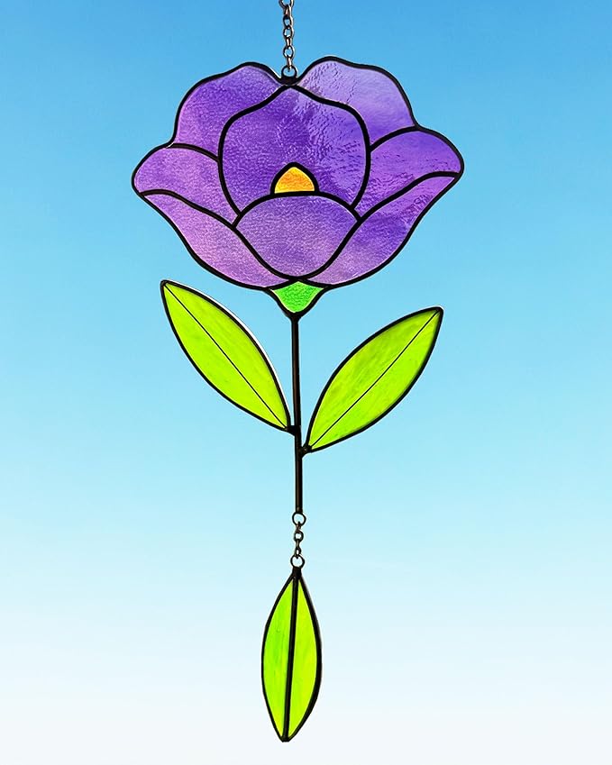 Flower Suncatchers, Stained Glass Window Hangings, Garden Suncatchers for Window and Wall Decor (Purple)