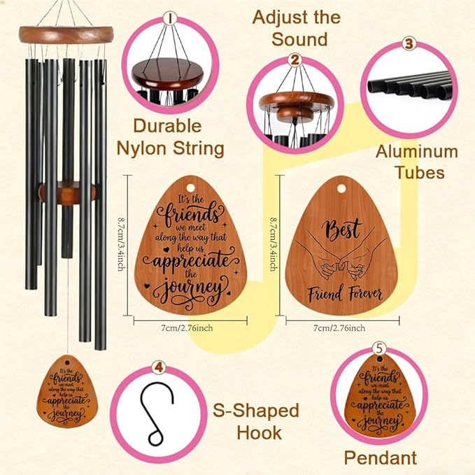 Friendship Wind Chime Gifts, Outdoor Decorative Wooden Wind Chimes Hanging Windchimes for Garden Unique Birthday Presents for Women, Men, Besties, BFF