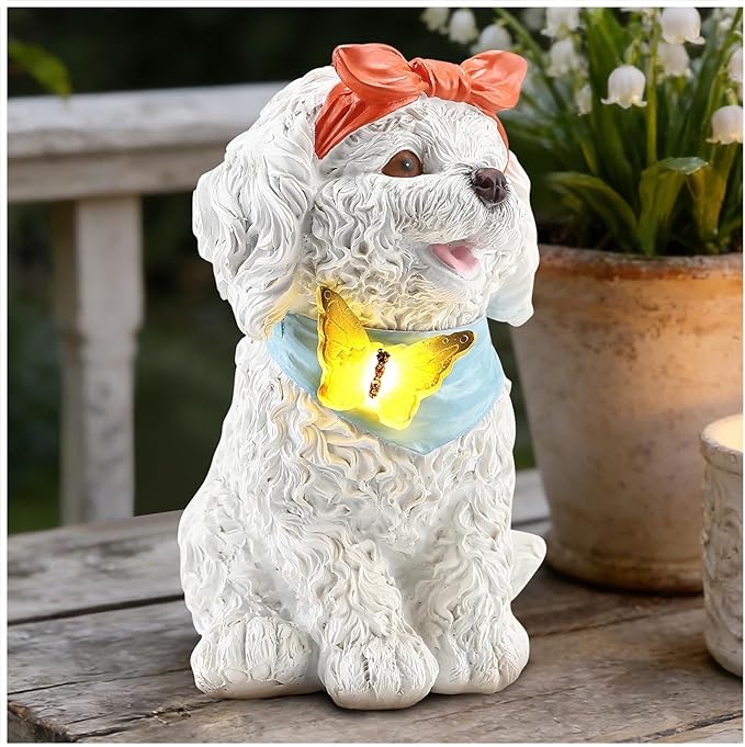 7.67" Solar Dog Garden Statue with Butterfly Light, Cute Resin Puppy Outdoor Decor, Waterproof Solar Powered Animal Statue for Yard, Lawn, Patio, Garden