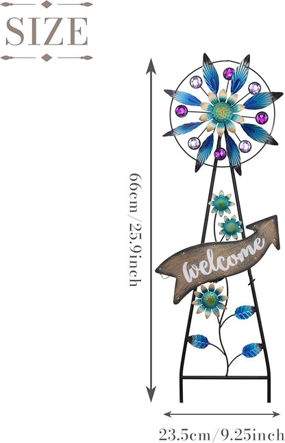 TERESA'S COLLECTIONS Peacock Garden Decor Solar Stake, Wind Spinner for Outdoor Decorations, Metal Windmill Blue Floral Yard Art Sign Decorative Garden Stake for Lawn Ornaments, Gifts for Mom, 26''