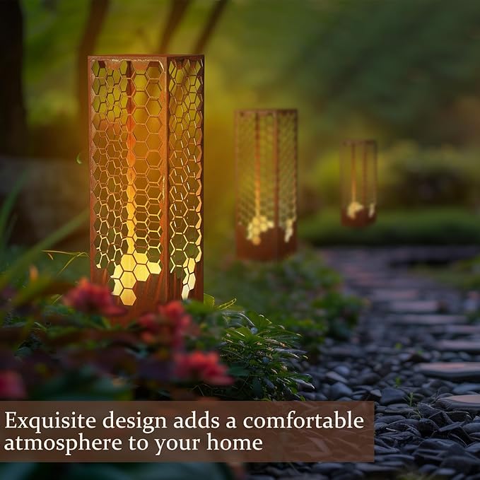 Sumind 24 Inch Honeycomb Garden Column Rust Steel Statue, Outdoor Yard Sculpture, Metal Patio Landscape Decor, Beehive Art Column for Lawn, Porch, Backyard Decoration, Modern Garden Ornament