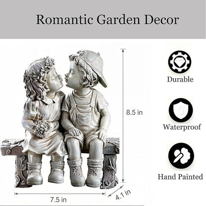 Garden First Kiss Outdoor Statue Decorative, Flower Bed Decor Puppy Love Kissing Couple,Boy and Girl Kissing Garden Figurine for Yard Patio Art