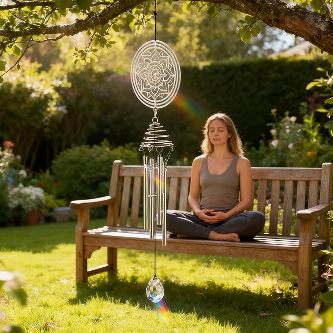 Meditation Mandala Wind Chimes with Sun Catcher - Healing Gifts & Stress Relief for Anxiety, Relaxing Self-Care Gift for Home Decor, Outdoor Patio, Yoga Space