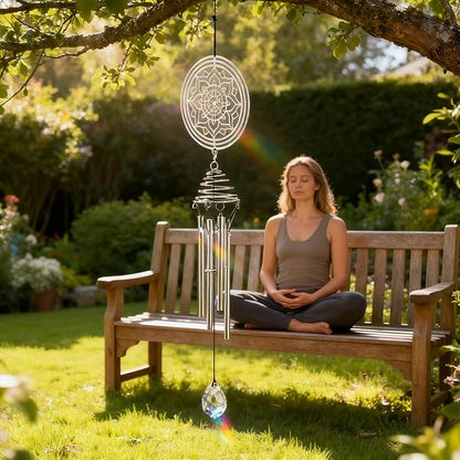 Meditation Mandala Wind Chimes with Sun Catcher - Healing Gifts & Stress Relief for Anxiety, Relaxing Self-Care Gift for Home Decor, Outdoor Patio, Yoga Space