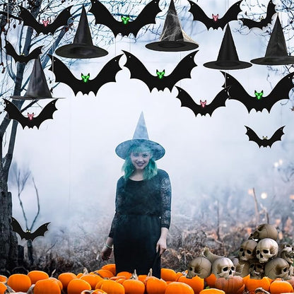 Halloween Hanging Bats 12 Pieces 3D Realistic Scary Bats and 6 Witch Hats Costume Accessories Party Decorations for Yard Sign Outdoor Indoor Lawn Decor