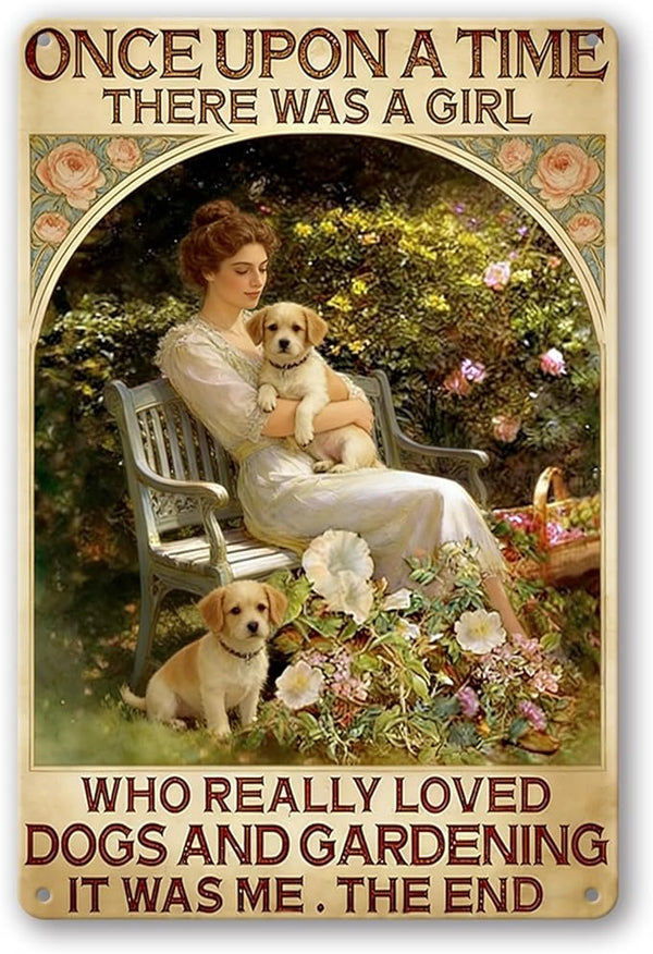 Garden Signs for Outside - A Girl Loves Dogs and Gardening, Funny Metal Signs for Home Garden Patio Yard, Vintage Gardening Gifts for Women, Wall Decor 12" x 8"
