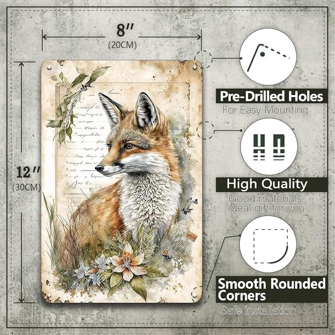 YOYI ART Patio Garden Signs for Outside - Fox Wall Art Decor Vintage Tin Signs, Metal Outdoor Wall Decor for Patio, Garden Fence, Backyard, Farm House and Fox Nursery, Gifts for Fox lover, 8 x 12 Inch