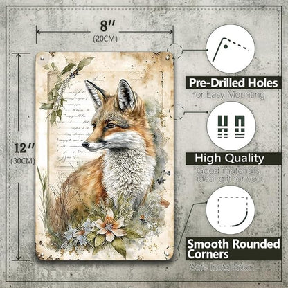 YOYI ART Patio Garden Signs for Outside - Fox Wall Art Decor Vintage Tin Signs, Metal Outdoor Wall Decor for Patio, Garden Fence, Backyard, Farm House and Fox Nursery, Gifts for Fox lover, 8 x 12 Inch