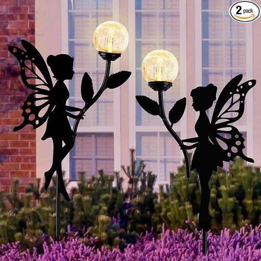 Ouddy Decor 2 Pack Solar Fairy Garden Decor, Metal Statues with Crackle Glass Globe Lights Silhouette Waterproof for Outdoor Lawn Patio Yard Pathway Home Christmas Decorations Gardening Gifts