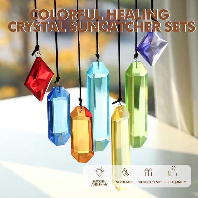 7PCS Crystal Prism Suncatchers Set Rainbow Window Hanging Decor with Hanging Hooks for Home Garden