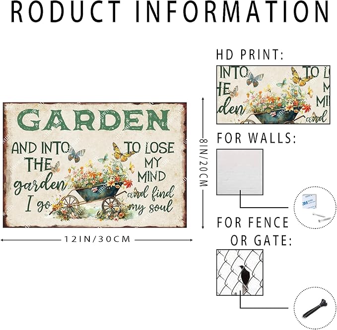 snowsun Vintage Metal Signs And Into The Garden I Go to Lose My Mind Funny Tin Sign Wall Decor for Yard Garden Street Farm Fence Gate Door 8×12 Inches