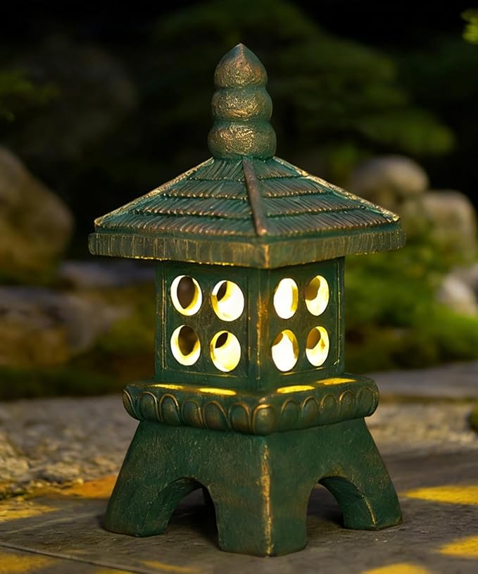 Nacome Solar Pagoda Garden Statues:15.7 inches Outdoor Waterproof Resin Zen Decor for Landscape Balcony Patio Porch Yard Ornament(Bronze)