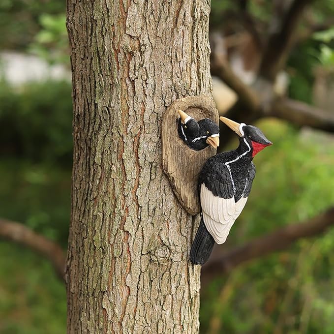 Mom and Baby Woodpecker Garden Statue Outdoor Tree Hugger Decor, Resin Hanging Bird Figurines Tree Peeker Yard Art Sculpture for Patio Lawn Porch Wall Ornaments