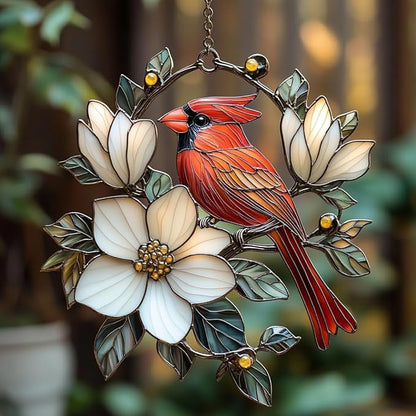 Vivid Cardinal Floral Tiffany Acrylic Suncatcher Stained Glass Effect Window Car Hanging Christmas Ornament Indoor Outdoor Decor Garden Sun Catcher Panel for Cardinal Lover for Women Mom Grandma