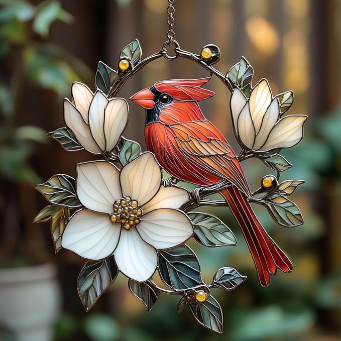 Vivid Cardinal Floral Tiffany Acrylic Suncatcher Stained Glass Effect Window Car Hanging Christmas Ornament Indoor Outdoor Decor Garden Sun Catcher Panel for Cardinal Lover for Women Mom Grandma