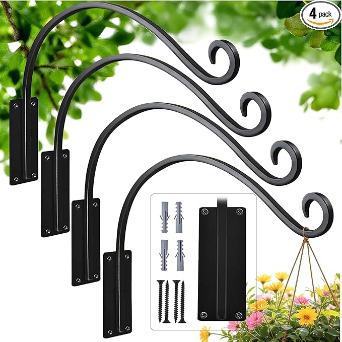 Heavy Duty 12 Inch Plant Hangers Bracket Outdoor, 50lbs Weight Capacity-4 Pack Metal Wall Hooks for Hanging Plants, Bird Feeder, Wind Chime, Wall Decor, Plant Hanger Hooks for Hanging Flower Baskets