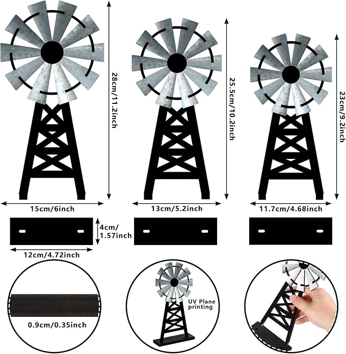 Yulejo Set of 3 Wooden Farmhouse Windmill Table Top Decor - Small Distressed Black Grey Rustic Themed for Kitchen Garden Home