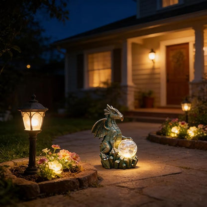 JOYBEE Dragon Solar Garden Statues Outdoor Decoration with Magic Orb,Dragon Figurine Solar LED Lights Lawn Décor,Outside Statue Ornament for Patio, Balcony, Yard,Unique Gifts for Mom Grandma