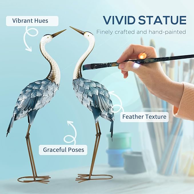 Outsunny Crane Garden Statues, 28.5" & 29" Standing Bird Sculptures, Metal Yard Art Decor for Lawn, Patio, Backyard, Landscape Decoration Set of 2, Blue & White