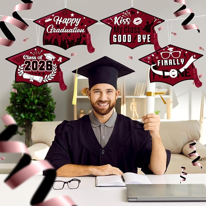 Chunful 12 Pack Graduation Yard Signs Grad Decoration 2026 Happy Graduate Lawn Garden Sign with Stake Congrats Outdoor Plastic Cap Hanging Ornament for Class Pathway Walkway Porch Party(Maroon)