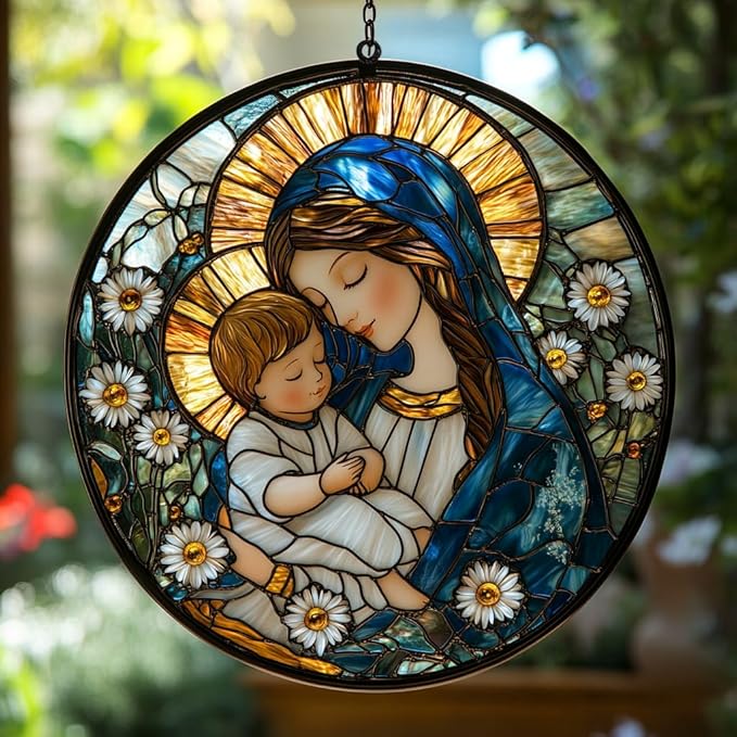 Virgin Mary Acrylic Suncatcher Stained Glass Effect Window Car Hanging Christmas Ornament Indoor Outdoor Decor Garden Memorial Sun Catcher for Family Christmas Jesus Gift for Women Mom Grandma