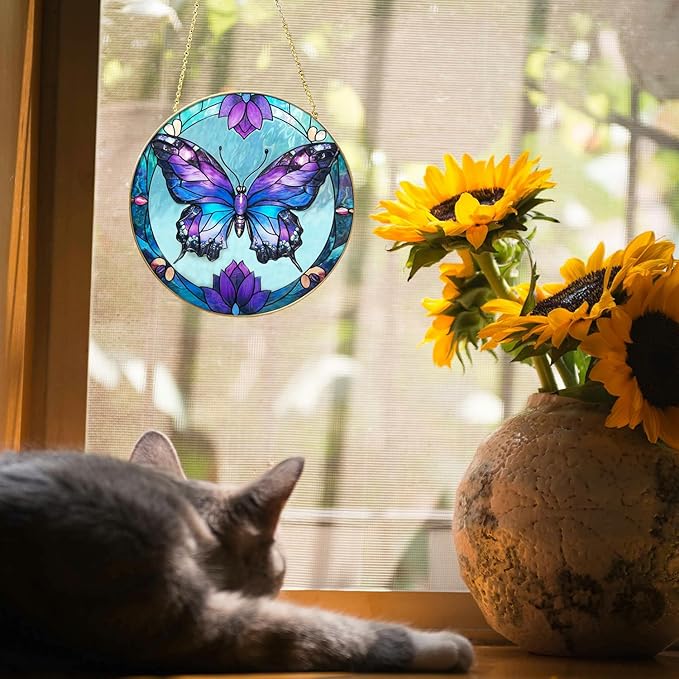 Butterfly Stained Glass Window Hanging, 7.8" Hand-Painted Sun Catcher Glass Panel Wall Art Decor with Chain, Butterfly Gifts for Women Mom Grandma, Outdoor Indoor Art Decor for Home Garden