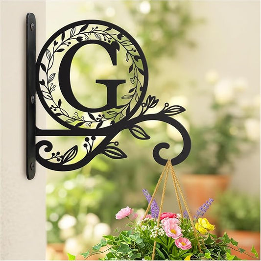 Personalized Initial Metal Plant Hanger Bracket, Decorative Wall Mount Hanging Plant Hook, Monogram Floral Leaf Garden Stake for Hanging Baskets Bird Feeders Lanterns Wind Chime (G)