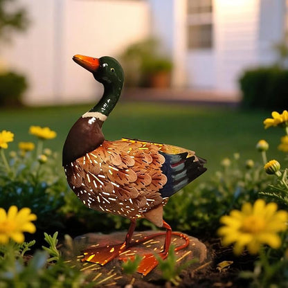 HONGLAND Solar Mallard Duck Outdoor Sculpture, 16" Metal Duck Garden Animal Statue with Lights for Outdoor Patio, Backyard, Lawn, Home Kitchen Decoration