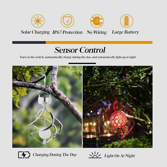 Powstro Solar Hanging Lamp, Wind Sparkling Crystal Ball Color Changing LED Ornament for Lawns and Gardens