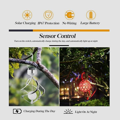 Powstro Solar Hanging Lamp, Wind Sparkling Crystal Ball Color Changing LED Ornament for Lawns and Gardens