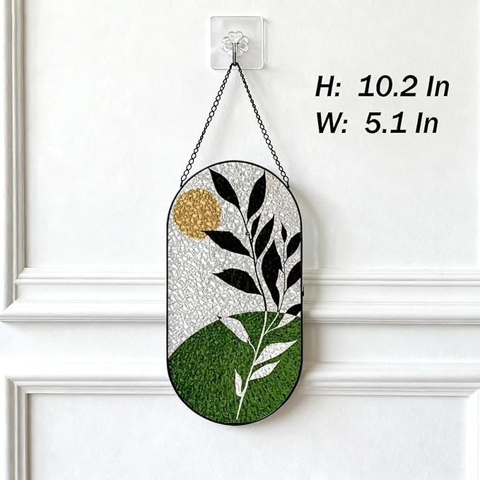Stained Glass Window Hanging, Green Foliage Twig Plants Leaves Sun Catchers Indoor Window, Artistic Yoga Home Indoor Entryway Wall Decor Gifts for Women Wife Men Kids Birthday
