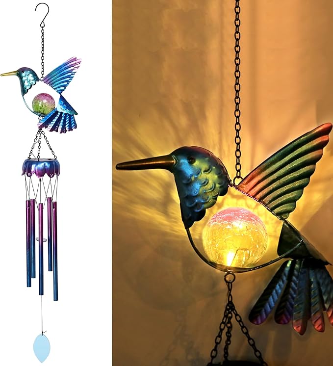 Taman Solar Wind Chime - Hummingbird Crack Glass Solar Light for Outside Waterproof Aluminum Tubes Decorative Memorial Gift, for Home, Outdoor, Yard, Patio,Garden Decor