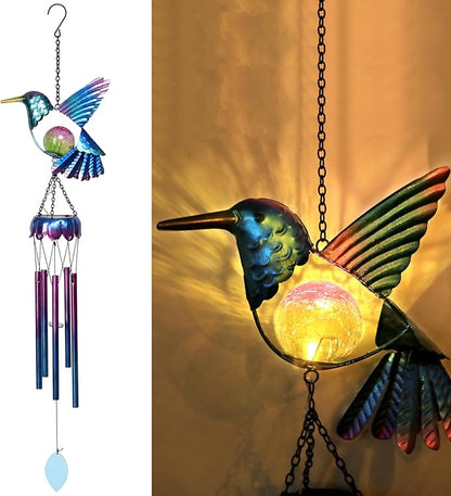 Taman Solar Wind Chime - Hummingbird Crack Glass Solar Light for Outside Waterproof Aluminum Tubes Decorative Memorial Gift, for Home, Outdoor, Yard, Patio,Garden Decor