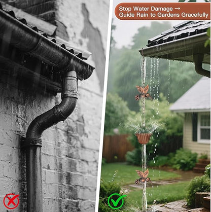 Solid Rain Chain for Gutters – 8.5ft Cast Iron Rain Catcher Chain, Decorative Rain Chimes Outside with 12 Cups & Hummingbird Decor