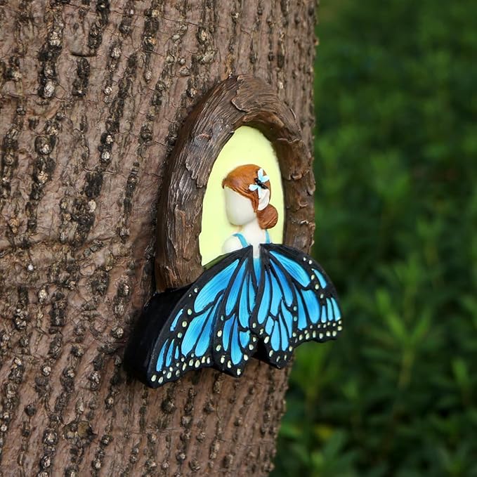 Fairy Out The Window Tree Hugger Garden Statue, Glow in The Dark Resin Fairy Figurine Wall Art Sculpture Outdoor Tree Faces Decor for Patio Lawn Yard Ornaments (Blue)