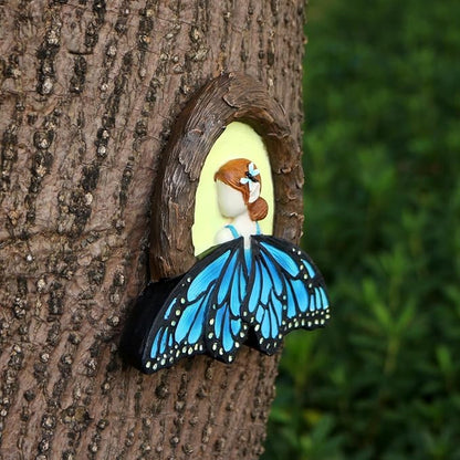 Fairy Out The Window Tree Hugger Garden Statue, Glow in The Dark Resin Fairy Figurine Wall Art Sculpture Outdoor Tree Faces Decor for Patio Lawn Yard Ornaments (Blue)