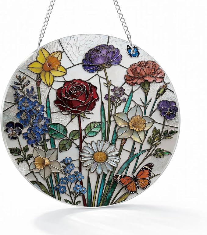 Flower Suncatchers Windows Hanging, Acrylic Hanging Suncatcher, Wildflowers Sun Catcher for Door Garden Home Decor, Festival Gifts for Women Wife Girlfriend Mom Nana