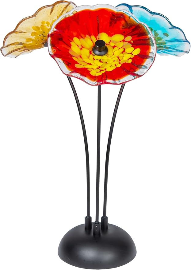 Dale Tiffany AS23098 Fiore Bloom Hand Blown Glass Flower Art Glass Sculpture with Metal Stand for Indoor Garden Patio Decoration, Multi Color, 3-Plate 22" Tall