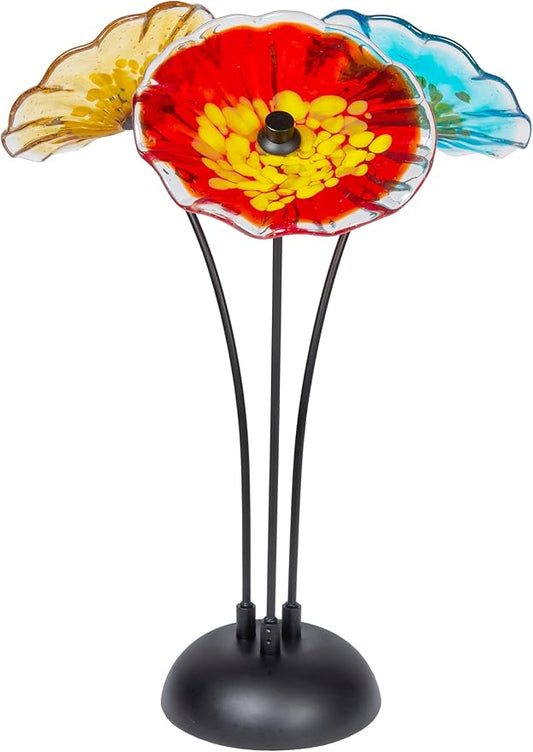 Dale Tiffany AS23098 Fiore Bloom Hand Blown Glass Flower Art Glass Sculpture with Metal Stand for Indoor Garden Patio Decoration, Multi Color, 3-Plate 22" Tall