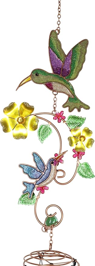 Ebros Gift Birds of Nature Hummingbird Hovering Nectar Flowers Art Glass Gemstones and Metal Resonant Wind Chime 32" High Copper Rods Hanging Mobile Home Patio Garden Decor