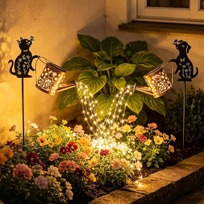 Watering Can Solar Lights for Outside, Watering Can with Cascading Lights Shepherd's Hook, Gardening Gifts for Women, Yard Decoration Outdoor and Garden Backyard
