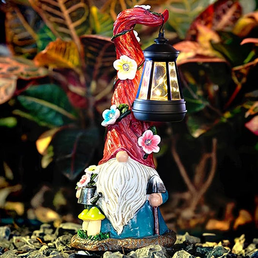 ZQQLITE Solar Gnome Garden Statue Lights Gnome Figurine with Solar Lantern, Outdoor Garden Waterproof Ornaments Decorations for Yard Lawn Patio – Ideal Gift for Women Mom Grandma