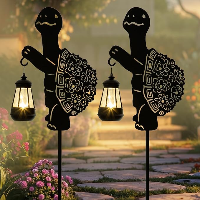 Solar Tortoise Garden Stakes Outdoor Unique Gift Ideas Decor Metal Tortoise Holding Solar Lantern Decorative Outdoor Stakes for Patio, Lawn, Yard and Pathway