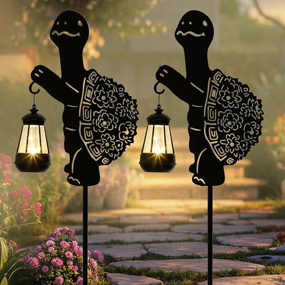 Solar Tortoise Garden Stakes Outdoor Unique Gift Ideas Decor Metal Tortoise Holding Solar Lantern Decorative Outdoor Stakes for Patio, Lawn, Yard and Pathway